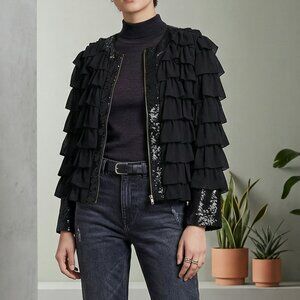 French Connection Black Ruffle Sequin Zip Front Jacket Size 2